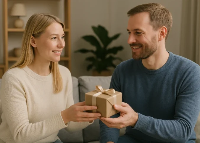 Hon ger honom en fin present