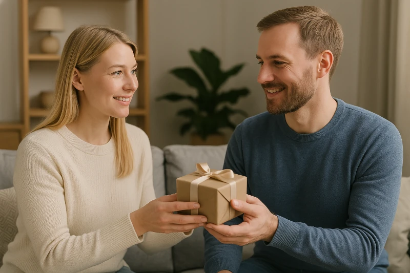 Hon ger honom en fin present