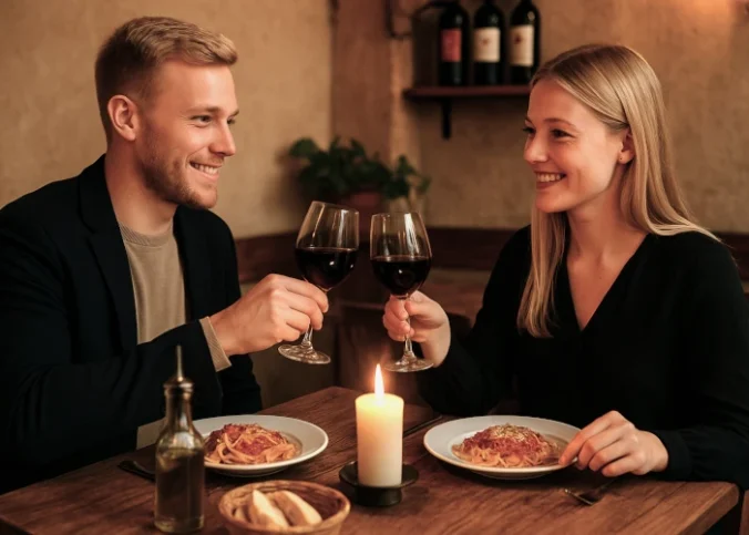 En kille och en tjej på italiensk middagsdejt i Stockholm